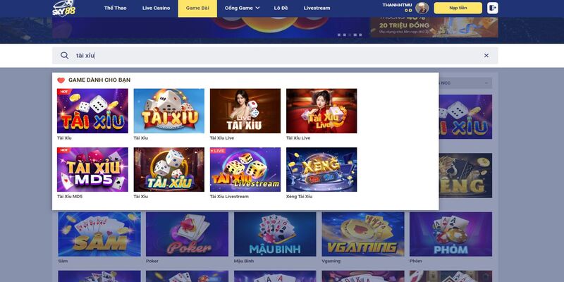 Đa dạng hình thức Sky88 tài xỉu để người chơi tham gia