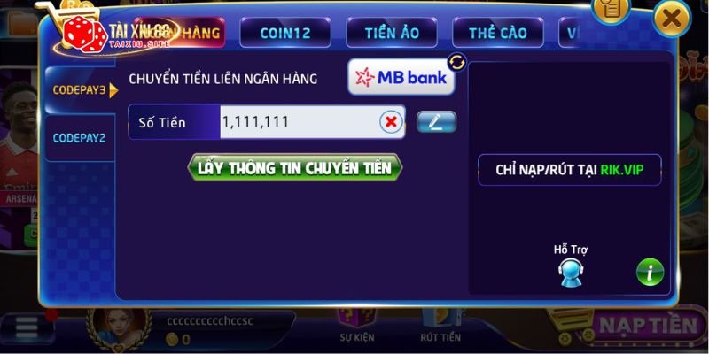 Hướng dẫn nạp tiền vào cổng game tài xỉu RIKVIP qua MB bank