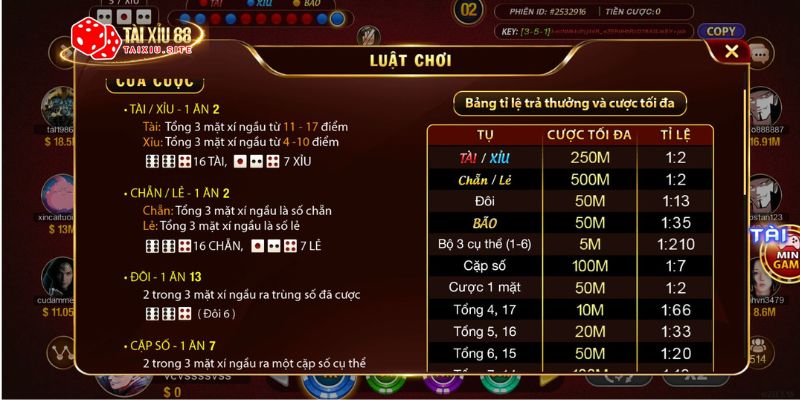 Đa dạng cửa cược trong tài xỉu Sicbo